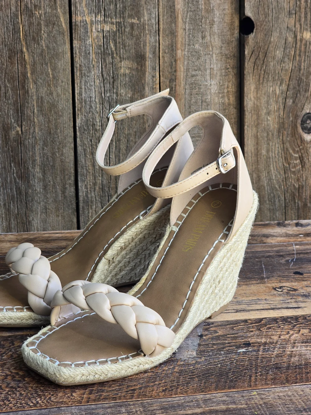 Dream Paris Braided Ankle Strap Wedge Sandals in Beige Size 7